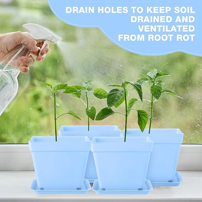 100 Pieces 4 Inch Flower Pots Square Plants Nursery Pot Plastic Plant Seedling Pots Nursery Transplanting Planter Container with Saucer for Indoor Herbs Succulents Balcony Garden Office (Blue)