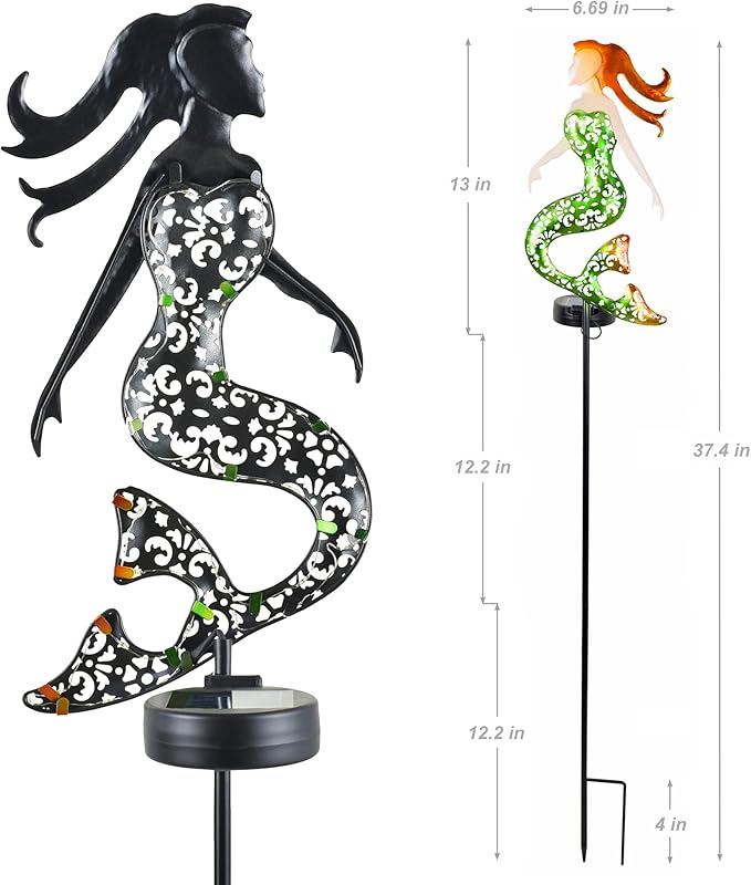 ARTER Solar Garden Lights, Green Mermaid Marine Nautical Themed Outdoor Waterproof Stake With 3.6 Feet 22 LED Fairy Lights for Pathway, Yard, Patio, Lawn, Swimming Pool, 37" Tall (Pack of 1)