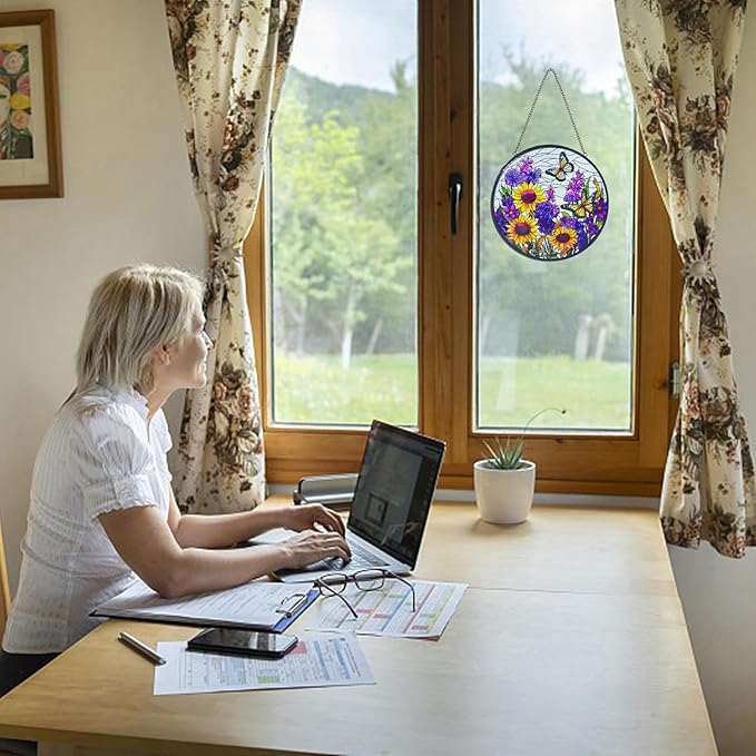 Butterfly Sunflower Stained Glass Suncatchers - Handcrafted Round Glass Art for Windows & Doors Décor - Decoration for Home Garden Christmas Party Wedding Housewarming Gifts