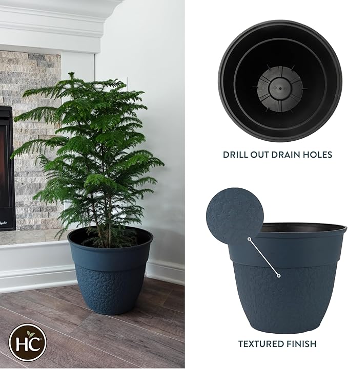 The HC Companies 16 Inch Brookhaven Decorative Round Planter - Lightweight Premium Resin Plant Pot with a Stonelike Texture for Indoor Outdoor Use, Slate Blue