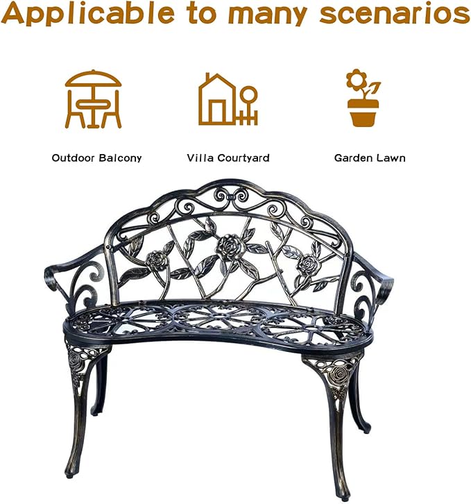 JARDIN DE CENTENNIAL Patio Garden Bench Metal Park Bench Cast Aluminum Outdoor Furniture with Floral Rose for Patio,Park,Lawn,Yard (Copper)