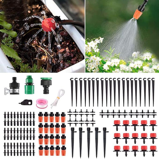 MSDADA Garden 50Ft Automatic Drip Irrigation Kits, 1/4" Blank Distribution Plant Watering Irrigation Kit Accessories Include Adjustable Nozzles, Cooling Irrigation System for Garden (Red)