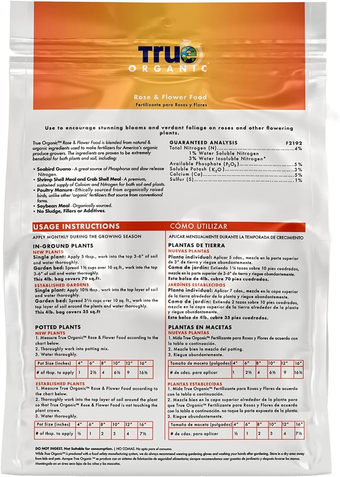 True Organic Rose & Flower Food – Organic Fertilizer for Stunning Blooms – 4lb Bag Covers 70 Sq. Ft.