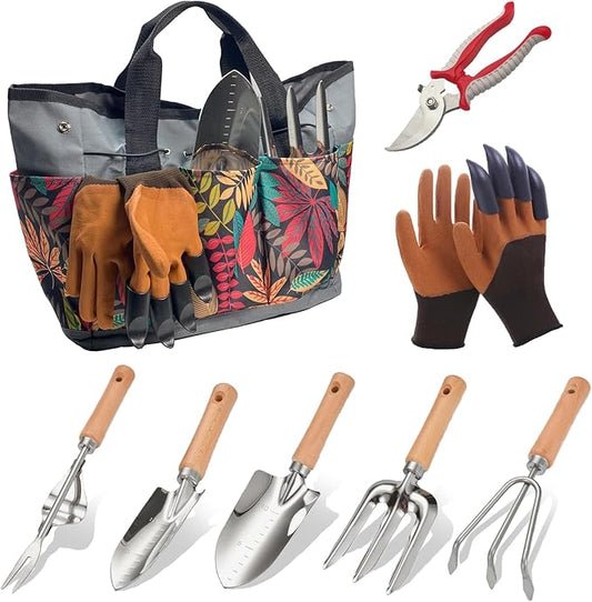 Gardening Tool Set of 8 PCS Stainless Steel Garden Tool Set with Garden Tool Bag Gardening Hand Tools,Ideal Gardening Gifts for Men and Women