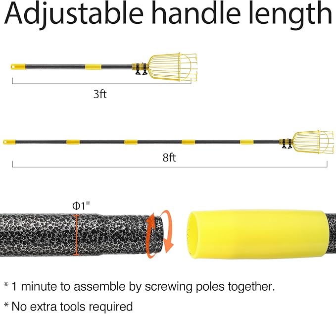Fruit Picker Pole with Basket Telescopic Pole, 8ft Extendable Fruit Catcher Picking Pole Garden Tools for Picking Fruit from High Apple Cherry Orange Mango Fig Lemon Avocado Fruit Trees