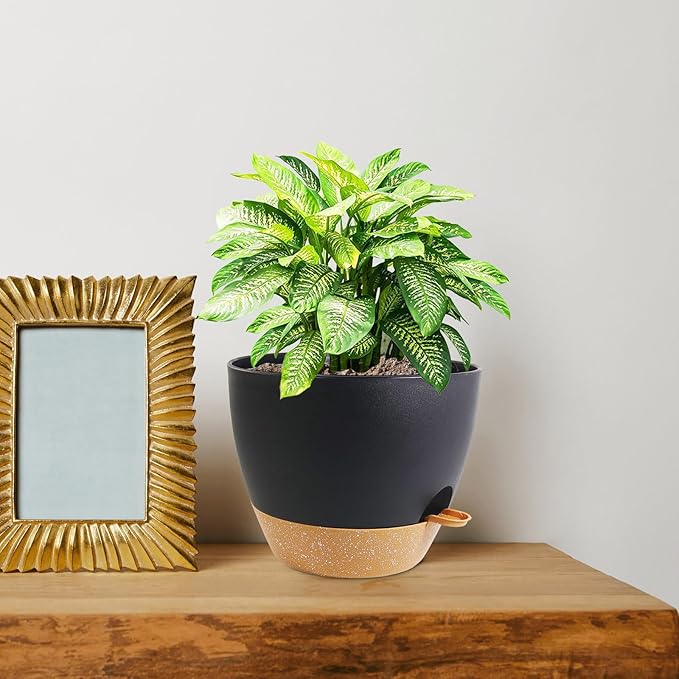 10 inch Self Watering Pots, 2 Pack Plastic Planters with Mesh Drainage Holes for Garden Plants and Flower, Plants Pots with Deep Reservoir for Indoor Outdoor Plants, Black with Brown