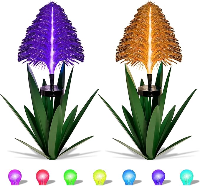 Metal Outdoor Decoration Gift Christmas Decorations Outdoor Metal Agave Yard Art Garden Lights Solar Outdoor, 7 Color Changing Garden Yard Pathway Xmas Decor Waterproof (2 pcs Green)