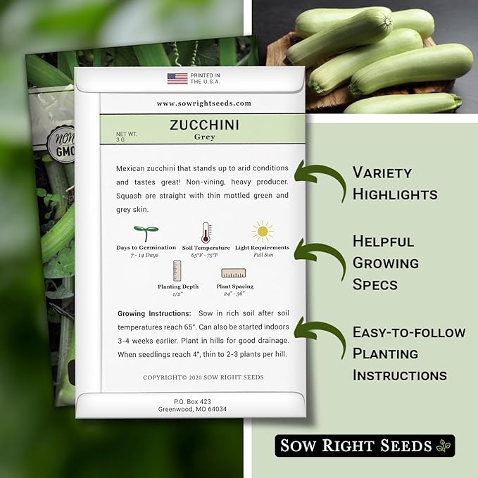 Sow Right Seeds - Grey Zucchini Seed for Planting - Non-GMO Heirloom Packet with Instructions to Plant a Home Vegetable Garden - Vigorous Summer Squash - Mexican Zucchini Good for Large Containers (1)