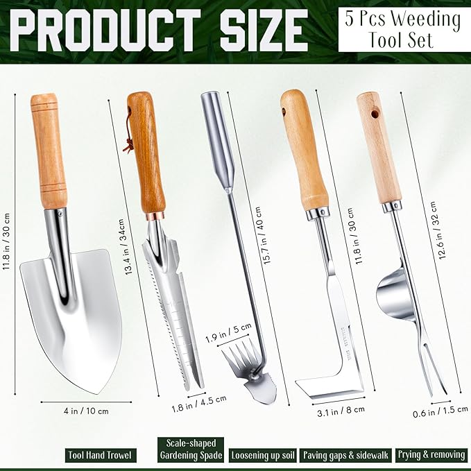 Yungyan 5 Pcs Weed Puller Set Include Dandelion Fork Weeding Knife Tool Hand Trowel 5 Teeth Weeding Tool L Shape Gardening Crack Sickle Tool Hoe for Garden Lawn Grass Moss Removal Backyard