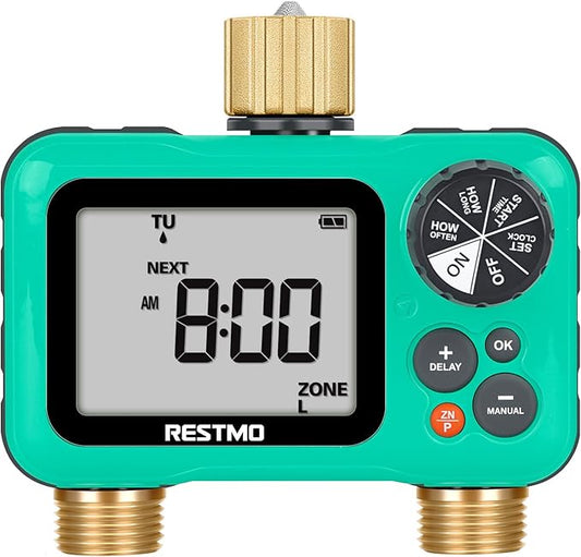 RESTMO Sprinkler Timer with Brass Inlet & Outlet, 2 Zone Programmable Water Timer for Garden Hose, 3 Separate Programs Hose Timer, Manual/Rain Delay/Automatic Watering for Drip Irrigation and Lawn