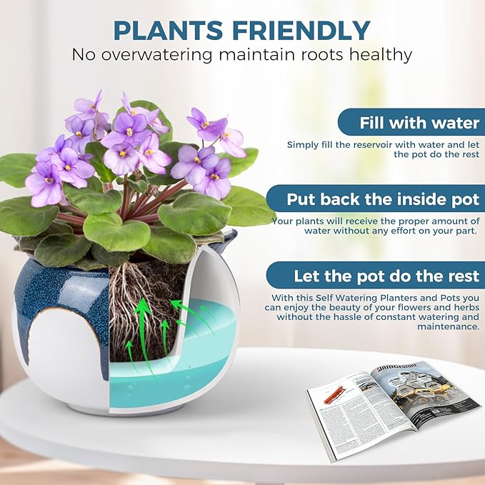 African Violet Pots, 6 inch Ceramic Easy Self Watering Plant Pot for Busy Plant Lovers, Automatically Absorb Appropriate Amount of Water, Flower Pot Indoor-Plants Not Included(Blue)