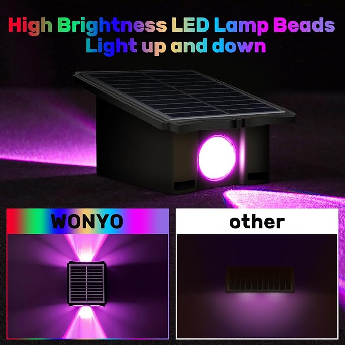 2LEDs Multi-Color Solar Wall Lights, Up and Down Lighting Solar Outdoor Light Waterproof IP65, Solar Fence Light for Yard Garden Garage (4 Pack)
