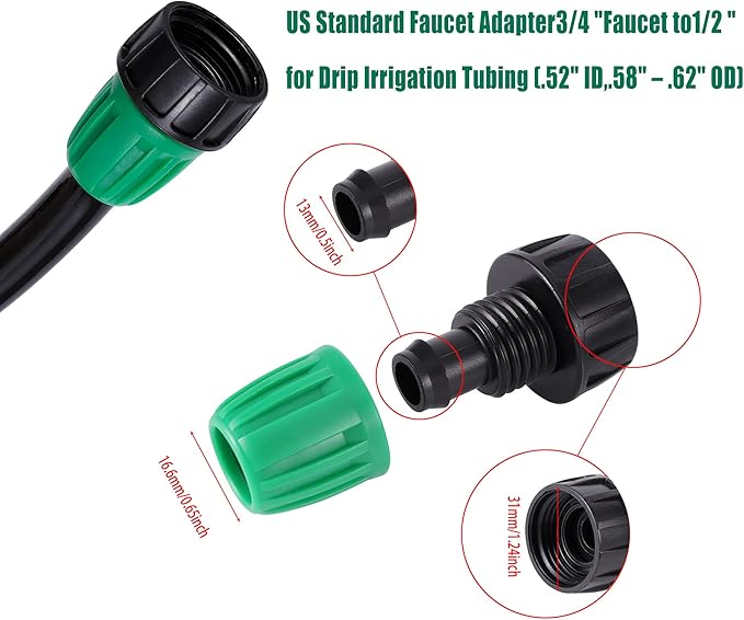 US Standard Faucet Adapter, 3/4 "Faucet to1/2 Drip Irrigation Tube,Convert 3/4" Female Hose Thread to 12mm ID 16mm OD Tubing (4Pcs 3/4" Faucet to1/2 Faucet Adapter)