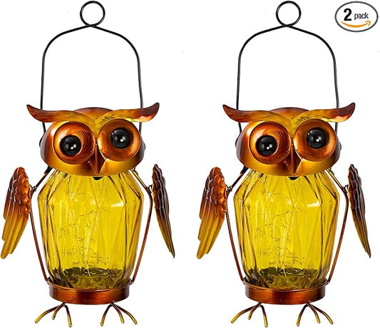 2 Pack Hanging Solar Lantern, Owl Solar Lanterns Outdoor Waterproof LED Glass Jar Lights for Garden Yard Tree Table Xmas Metal Decoration Lanterns