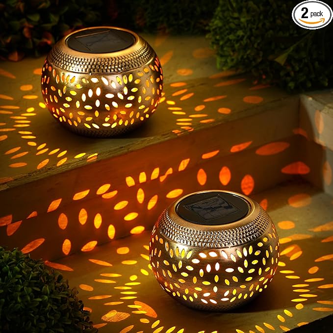 Reginary 2 Pcs Solar Table Lantern Outdoor Waterproof Dancing Flashing Flame 7 Color 2 Modes Metal Tabletop Light Desktop Decorative Lamp Auto On/Off Lighting for Patio Garden Pathway Yard (Bronze)
