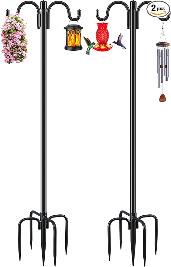 Gtongoko Double Shepherds Hook for Outdoor, 2 Pack 77 Inch Heavy Duty Bird Feeder Pole 3/4 Inch Thick Garden Hooks for Hanging Hummingbird Feeder, Plant Baskets, Solar Light Lanterns