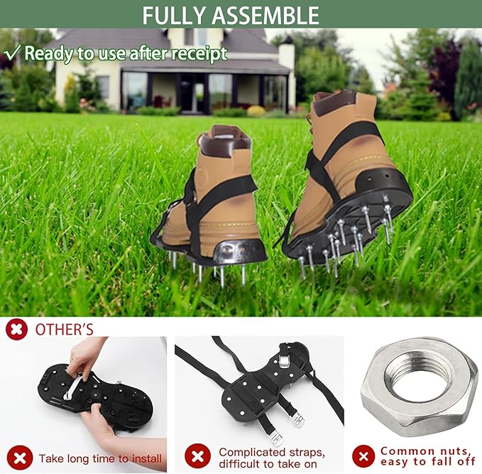 Lawn Aerator Shoes, Pre-Assembled Lawn Aerator Spiked Aerating Sandals with Adjustable Straps and Stainless Shovel, Heavy-Duty Spike Shoes for Men Women Aerating for Lawn, Yard, and Garden