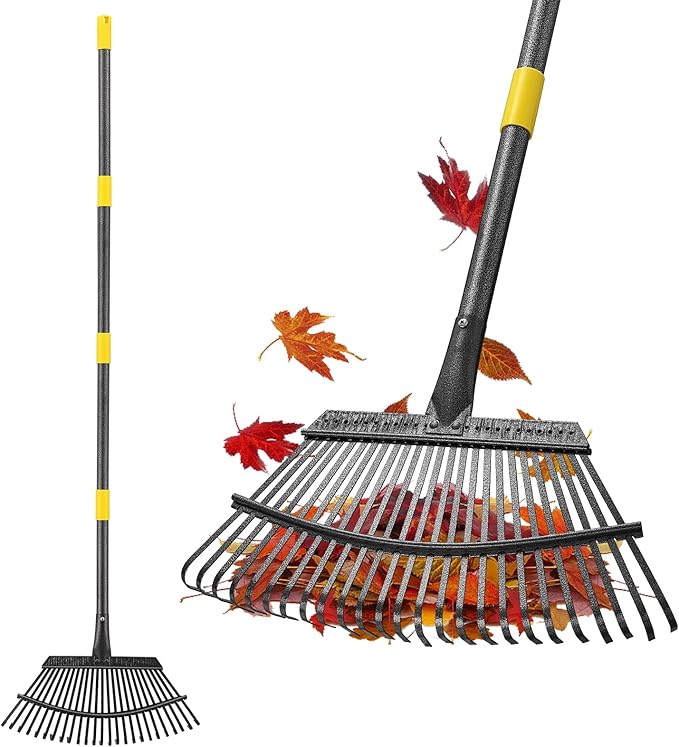 Garden Rake for Leaves, 25 Tines Leaf Rakes for Lawns Heavy Duty, 5 FT Gardening Rake with Back-Saving Long Handle, 18.5” Wide Large Rake Head for Quick Cleanup, Anti-Rust and Detachable for Camping