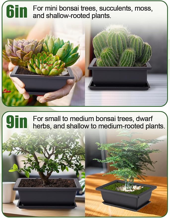 8 Packs Bonsai Training Pot with Humidity Tray - 6.5in & 9in Training Nursery Pots Kit, Plastic Plants Growing Planter with Drainage Tray, Indoor Succulents Decor Garden