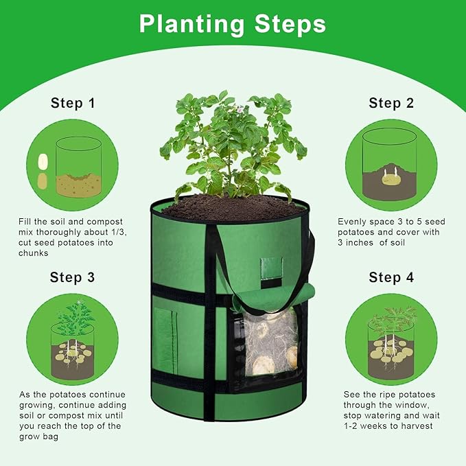 2-Pack 7 Gallon Potato Grow Bags with Harvest Window, Garden Plant Growing Bags with Flap and Handles, Thickened Nonwoven Fabric Plant Pots Grow Bags for Potatoes, Tomato, Vegetable and Fruits