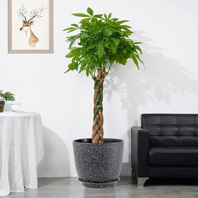 12inch Large Plant Pot, Modern Plastic Planter with High Driange Holes and Saucer for Indoor Outdoor Garden Plants and Flowers, Black Speckles