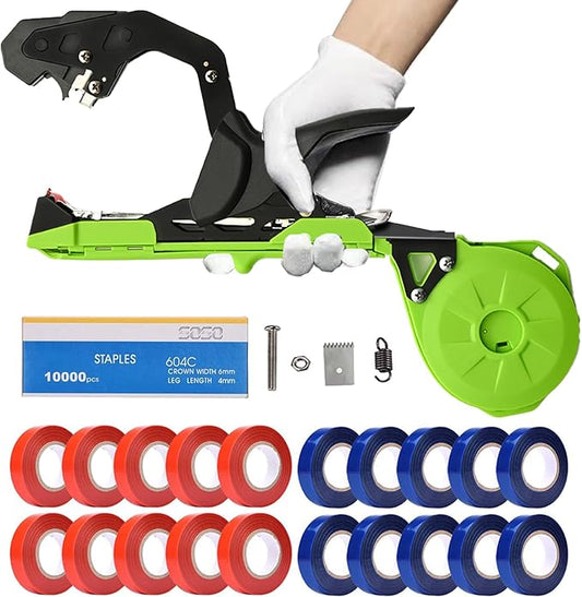 Suca Plant Tying Machine, Lightweight Plant Tying Tape Tool to Tie Up Vine Quickly, Plant Tie Tapener Gun with Tapes and Staples Green