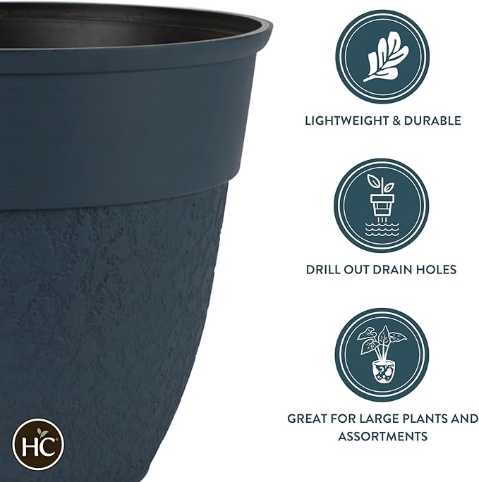 The HC Companies 16 Inch Brookhaven Decorative Round Planter - Lightweight Premium Resin Plant Pot with a Stonelike Texture for Indoor Outdoor Use, Slate Blue