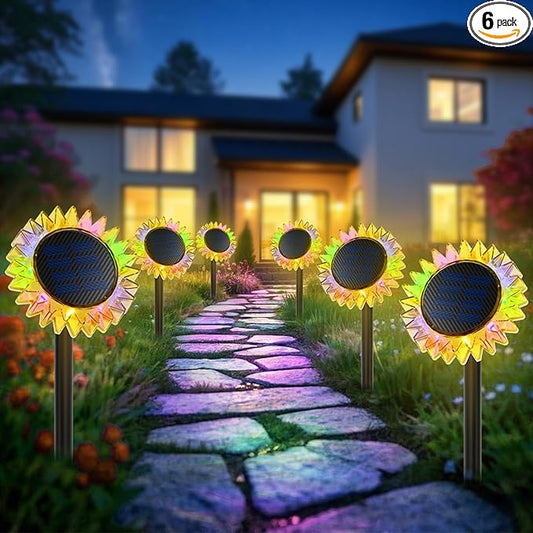 Outdoor Solar Lights, 6 Pack Led Solar Sunflower Lights, Stake/Wall 2-in-1 Waterproof Solar Garden Lights for Yard, Landscape, Fence, Patio, Driveway, Pathway, Backyard Decoration (Colourful)