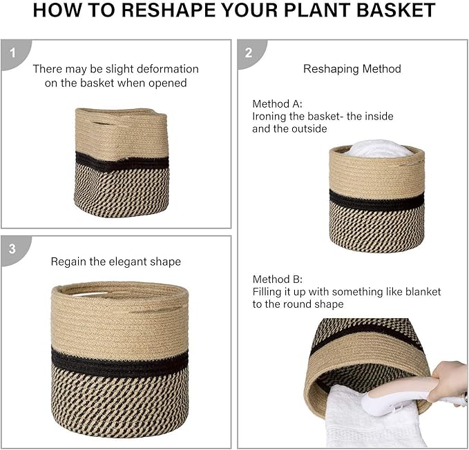 TIMEYARD Sturdy Jute Rope Plant Basket Modern Woven Basket up to 7.5 Inch Flower Pot Floor Indoor Planters, 8” x 8” Storage Organizer Basket Rustic Home Decor, Black Stripes