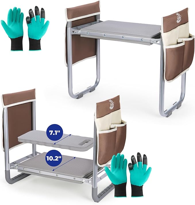 DEERFAMY Garden Stool 10.2" Width, Garden Kneeler and Seat Load Cap 350 lbs, Heavy Duty Gardening Stool with Extra Kneeling Pad, 2 Tool Pouches, Claw Gloves, Gift for Women Seniors, 2 Pack