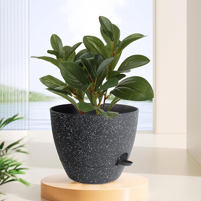 12 inch Large Self Watering Pots, Planter, Plant Pots with Mesh Drainage Holes for Indoor Outdoor House Plants and Garden, Plastic Flower Pots with Deep Reservoir, Speckled Black