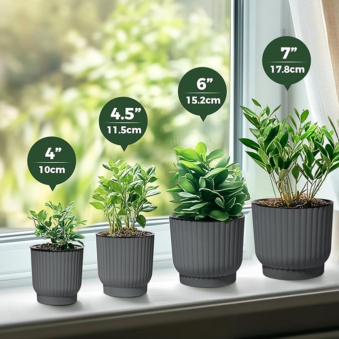 T4U 6 Inch Self Watering Pots for Indoor Plants, 6 Pack Planters for Indoor Plants, Durable Plastic Charcoal Gray Pots for Indoor Plants, African Violets, Flower