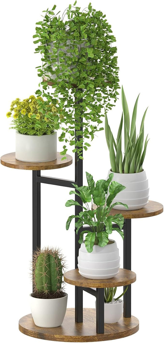 5 Tier Plant Stands Indoor Outdoor, Tiered Metal Wood Corner Plant Shelf for Multiple Plants, Tall Flower Stand Holder Display Rack for Living Room Balcony Garden Patio (Round)