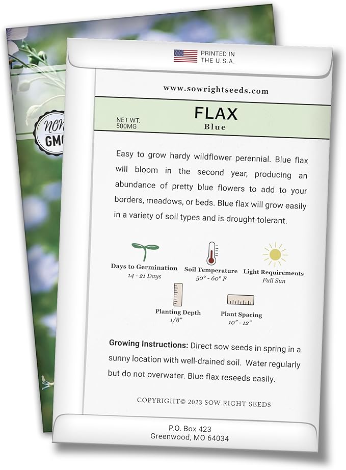 Sow Right Seeds - Blue Flax Seeds for Planting - Non-GMO Heirloom Packet with Instructions to Plant an Outdoor Wildflower Garden - Striking Blue Perennial Native, Drought Tolerant for Home Gardens (1)