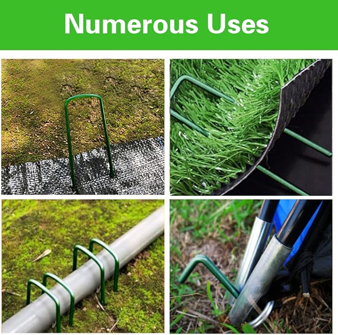 Bakulyor 100Pcs Green Landscape Staples 6 Inch Garden Artificial Turf Stakes Staples, 11 Gauge Lawn Galvanized Ground Fabric Pins for Weed Barrier Sod Decorations Holding Fence and Irrigation Tubing