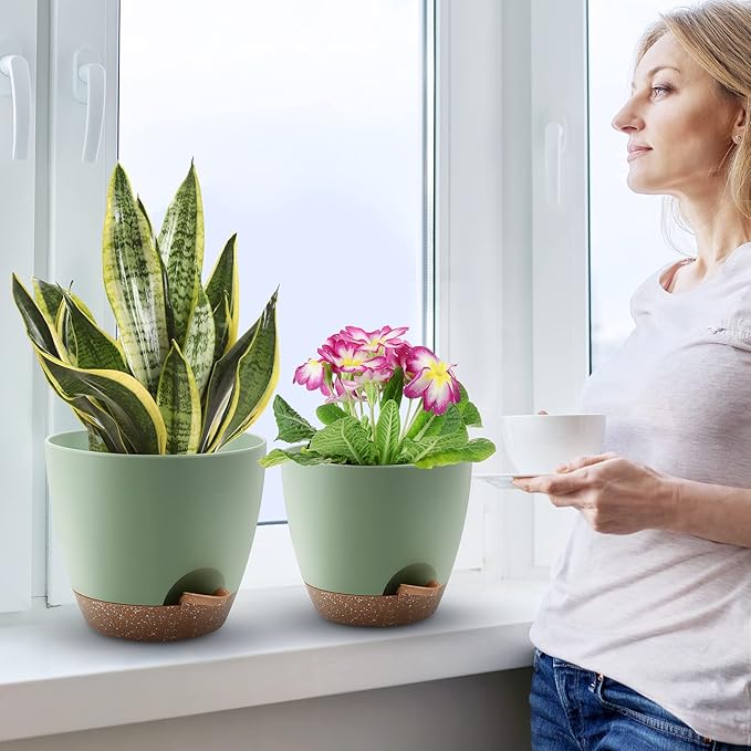Plant Pots 10/9/8 Inch Self Watering Pots, Set of 3 Plastic Planters with Drainage Holes and Saucers,Plastic Flower Pots,Nursery Planting Pot for Indoor Out Door Plants（Green）