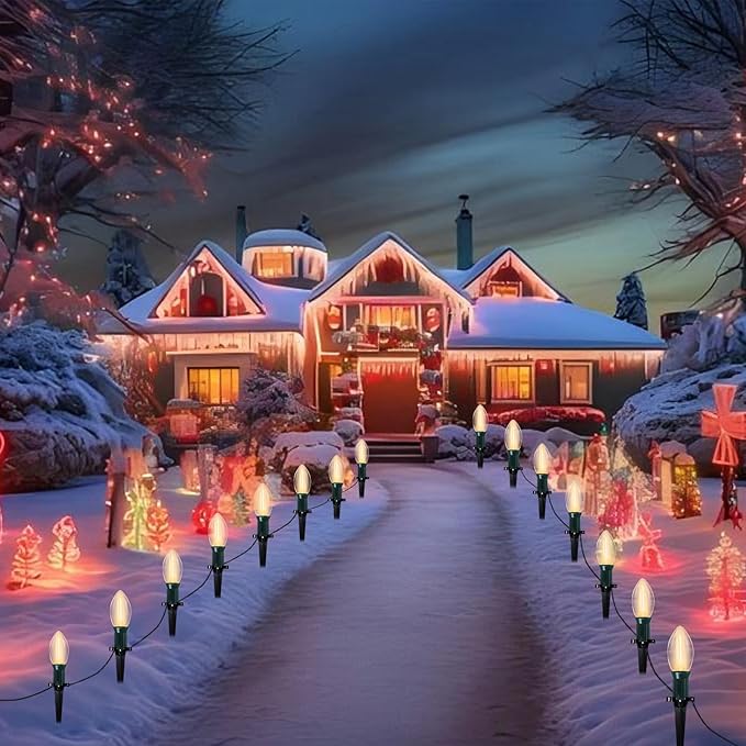 38Ft C9 Led Christmas Pathway Lights Outdoor, 25 C9 LED Warm White Bulbs String Lights Waterproof with Stakes, Connectable Christmas Walkway Lights for Outdoor Yard Lawn Sidewalk Driveway Decor