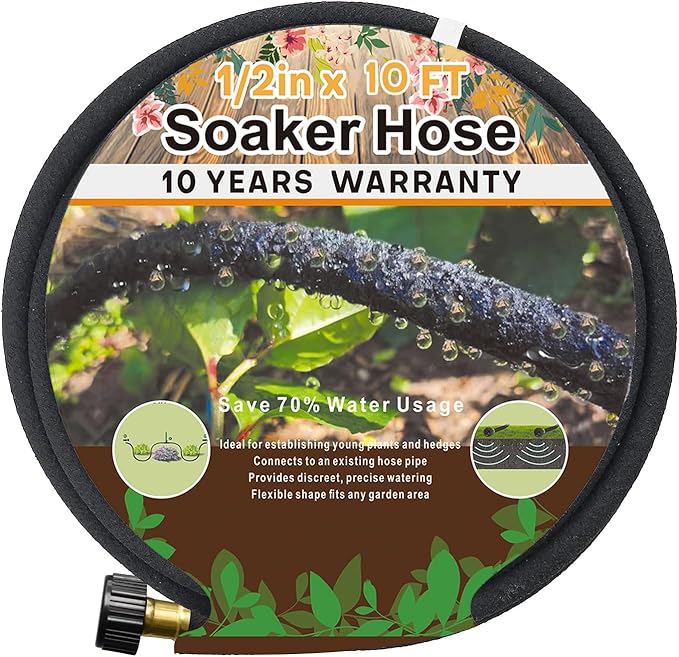 1/2’’ Soaker Hose 10 Ft 15Ft, Soaker Hose for Foundation Watering, Garden Soaker Hose 25 Ft 50 Ft 100 Ft Drip Hoses for Garden Drip Garden Hose Irrigation System (10 feet)
