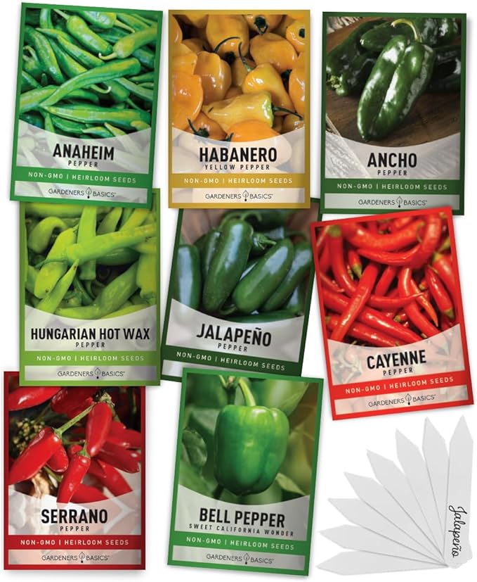 Gardeners Basics, Pepper Seeds for Planting 8 Varieties Pack, Jalapeno, Habanero, Bell Pepper, Cayenne, Hungarian Hot Wax, Anaheim, Serrano, Cubanelle Heirloom Seeds for Planting in Garden Non GMO