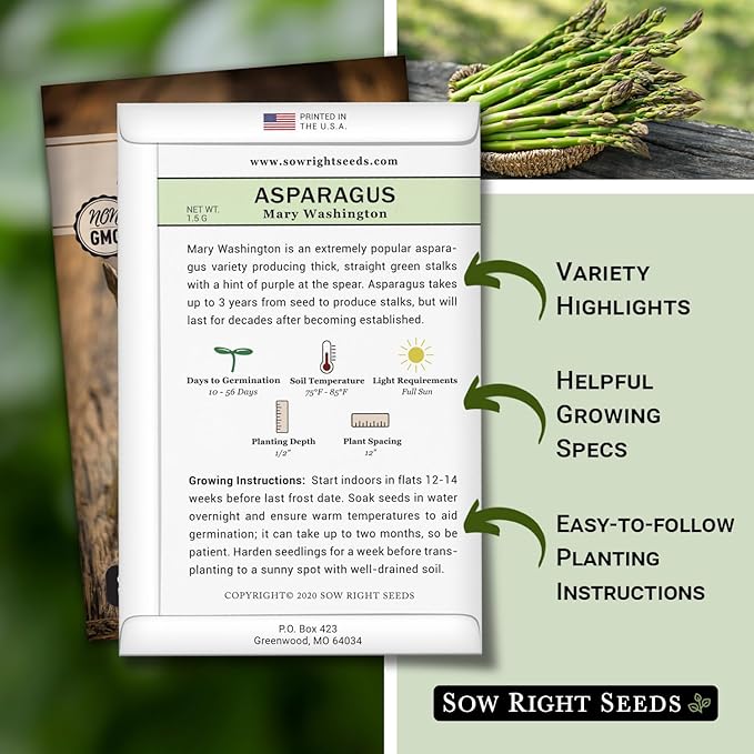 Sow Right Seeds - Mary Washington Asparagus Seed for Planting - Non-GMO Heirloom Packet with Instructions to Plant an Outdoor Home Vegetable Garden - Classic Perennial Stalks with Hearty Flavor (4)