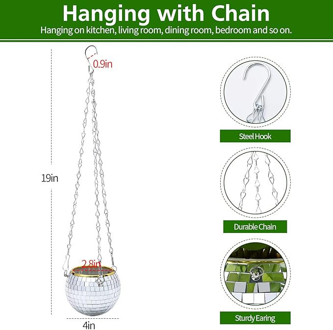 Disco Ball Planter, 4" Silver Disco Ball Planter, Disco Ball Plant Hanger with Hanging Rope, Hanging Chain, Hook, Circle and Extra Mirror Pieces (4" Silver, 1pcs)