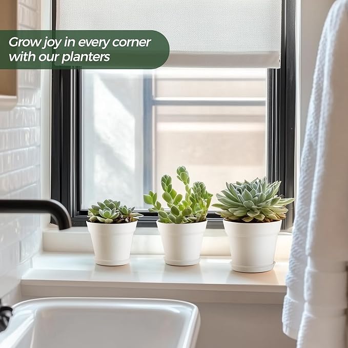 T4U 5 Inch Plastic Planters 18-Pack - Small Plant Pot with Drainage Hole and Saucer, Decorative Nursery Flower Pot Bulk for African Violet, Snake Plant, Aloe and All House Plants Indoor (White)