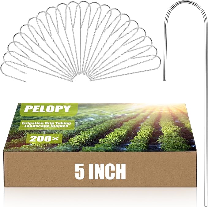 Pelopy 200 Pcs Irrigation Drip Tubing Landscape Staples 5 Inch J Shape Garden Stakes Galvanized Lawn Pins for Drip Tubing (Hold up to 5/8" Drip Tubing)