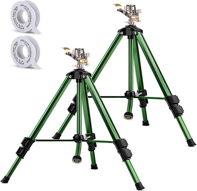 Impact Sprinkler on Tripod Base, 2 Pack Lawn Sprinkler for Yard 360 Degree Large Area Water Sprinkler for Lawn Heavy Duty Garden Sprinkler with 3/4 Inch Connector Extension Legs Flip Locks