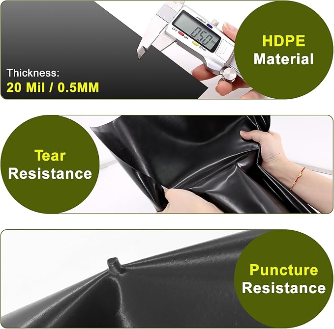 7 x 10 FT Pond Liner, HDPE Pond Liners for Outdoor Ponds 20 Mil Easy Cutting Puncture Resistant Impermeable Pond Liners Skins for Koi Fish, Water Garden Waterfall Fountain Aquaculture Pond