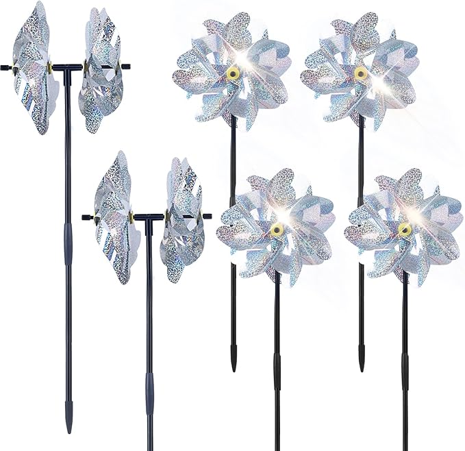 BATTIFE 6 Sets Pinwheels for Yard and Garden, Double Sides Reflective Bird Deterrent Pinwheel, Large Silver Outdoor Sparkly Wind Spinner, Pin Wheels for Lawn and Patio…