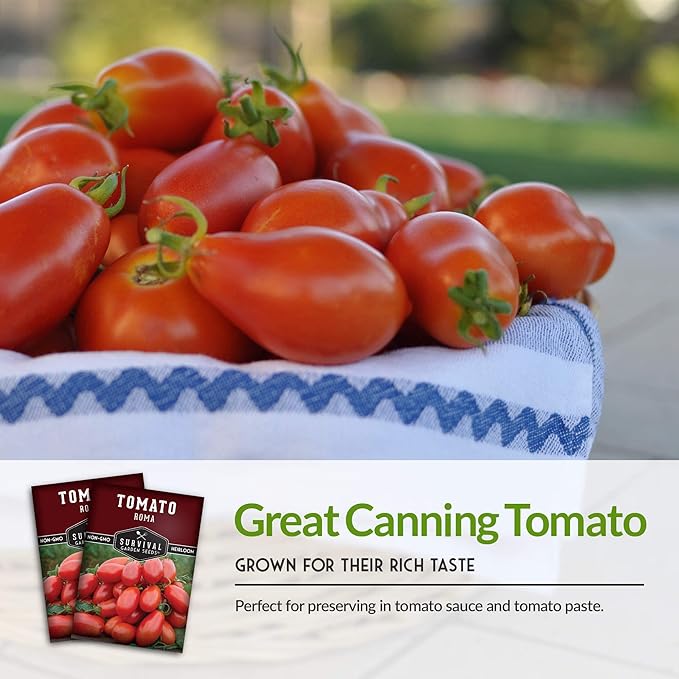 Survival Garden Seeds - Roma Tomato Seed for Planting - 2 Packs with Instructions to Plant and Grow Italian Roma Tomatoes in Your Home Vegetable Garden - Canning Favorite - Non-GMO Heirloom Variety