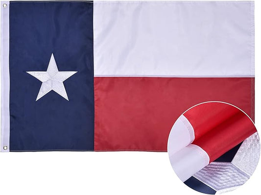 Texas State Flag 5x8 Ft, Deluxe Embroidered Heavy Duty Polyester Durable TX Outside Flags, Indoor/Outdoor, Sewn Stripes and Brass Grommets