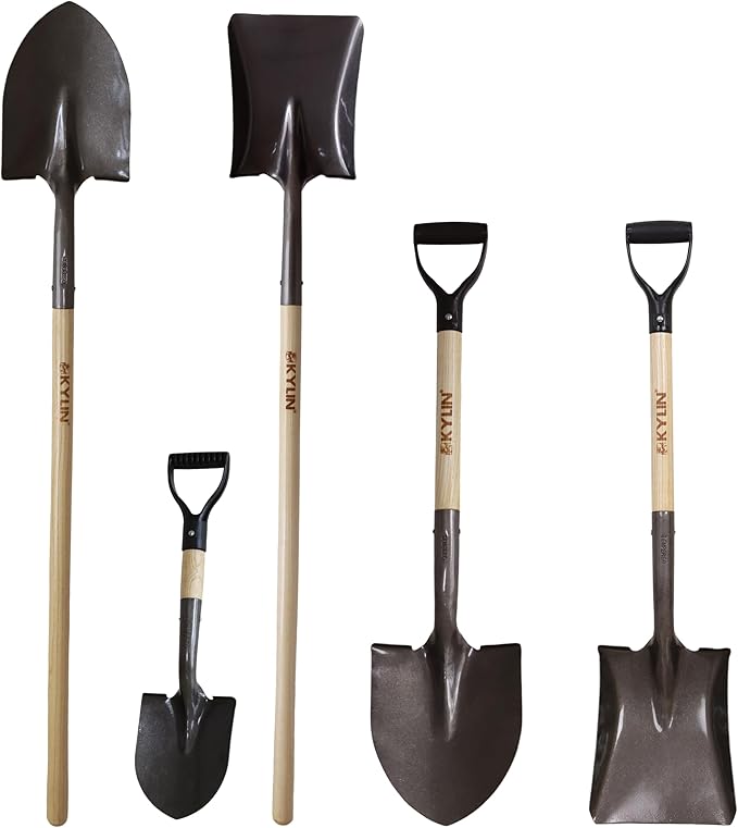 Kylin Shovel Set Garden Digging Shovels Combo Square Flat Roud Point Shovel with Long North Hard Wood D-Grip Handle Yard Tools Set