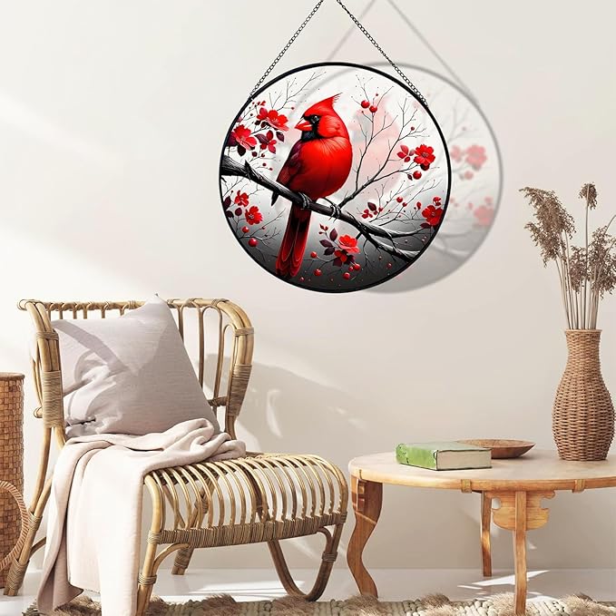 RIVEENY Cardinal Stained Glass Window Hanging,Cardinal Stained Glass Suncatcher,8" Window Suncatcher Hanging Ornaments Wall Art, Hand-Painted Glass Panel Home Decor for Mom Grandma